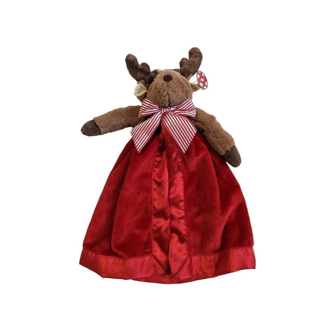 Bearington Baby Reindeer Lovie Security Blanket Red Velvet Satin Christmas Plush